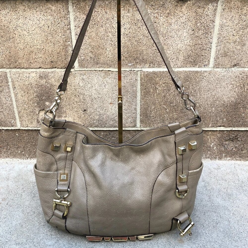 VINCE CAMUTO Shoulder Satchel Purse Hand Bag Grey Pebble Leather Studded​
